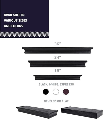 HIGH & MIGHTY 515605 Decorative 18" Floating Shelf Holds up to 15lbs, Easy Tool-Free Dry Wall Installation, Beveled, Retail Packaging, Black