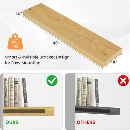 Floating Shelves for Wall, 40" W x 8" D x 1.5" H, Wooden Wall Mounted Display Shelves with Invisible Brackets for Living Room, Bedroom, Bathroom, Kitchen Decor and Storage, Set of 2, Oak