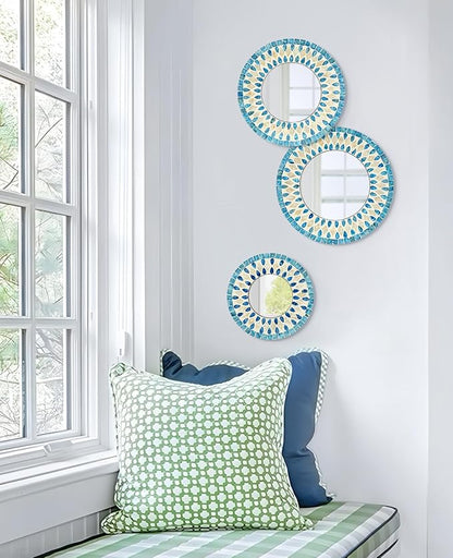 Handmade Mother of Pearl Mirror for Wall Decor, 3PCS Round Decorative Mirrors for Beach Nautical Home Hotel Coffee Shop, Natural Plate Art Hanging Sculpture for Dorm Apartment Entryway (Blue)