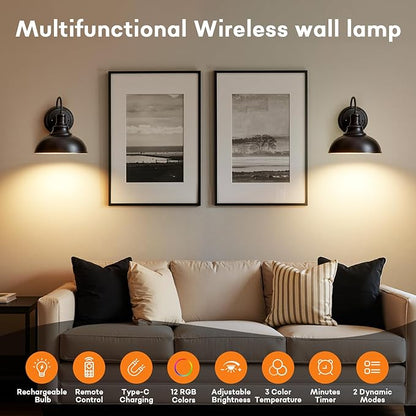 Lightess Black Battery Operated Wall Sconces Set of Two, Vintage Wireless Wall Lights with Rechargeable 12 Colors Bulbs, Dimmable Cordless Gooseneck Wall Decor Lamps with Remote Control