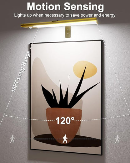 12" Picture Lights for Wall, Motion Sensor Rechargable Picture Light , Magnetic LED Art Painting Light with Timer, Remote & Dimmable Wall Lighting for Gallery, Paintings, Portraits, Bedroom (Gold)