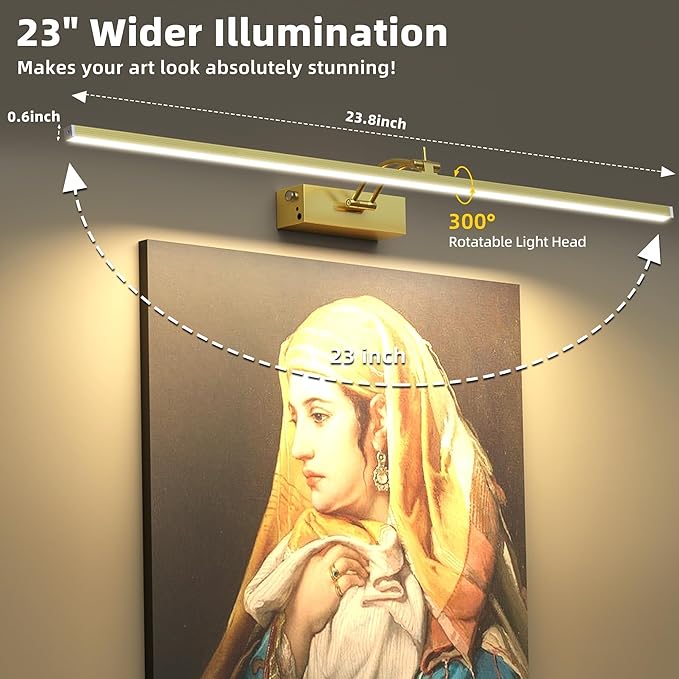 4 Pack Picture Lights for Wall, 23in Art Lighting for Paintings Cordless, 6400mAh Rechargeable Battery Operated Picture Light with Remote Dimmable and Timer for Artwork, Gallery, Display, Gold