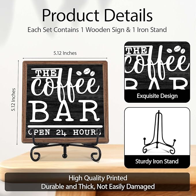Farmhouse Coffee Bar Decor, Open Time Wooden Signs for Home Office Desk Shelf, Rustic Tabletop Centerpieces for Kitchen Accessories - A05