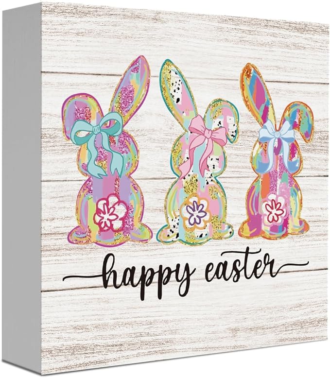 Happy Easter Sign Bunny Decor Bunny Table Decorations Spring Flower Decor Indoor for Office Desk Table Shelf Tiered Tray Happy Easter Wooden Sign 5 X 5 Inch