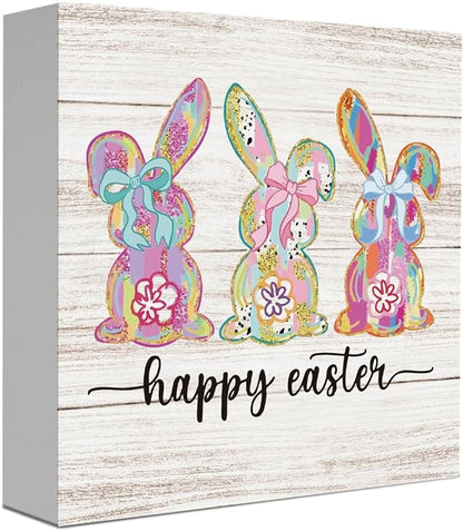 Happy Easter Sign Bunny Decor Bunny Table Decorations Spring Flower Decor Indoor for Office Desk Table Shelf Tiered Tray Happy Easter Wooden Sign 5 X 5 Inch
