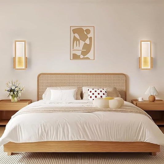 Modern Wood Color Wall Sconce Set of Two 18W Indoor LED Wall Fixture 6000K Simple Rectangle Wall Lights for Living Room Bedroom Staircase Hallway