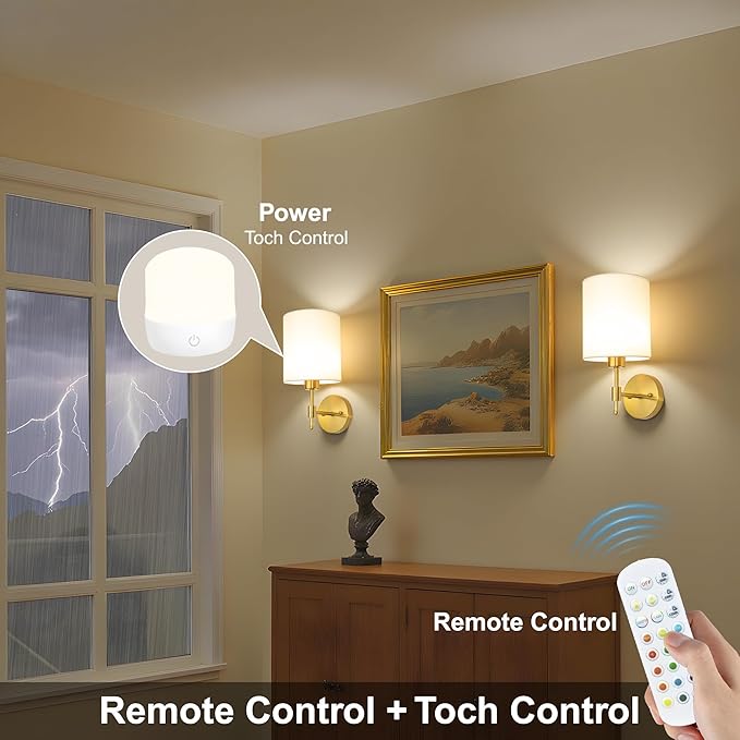 Battery Operated Wall Sconces Set of Two, Wireless Battery Wall Lamp with Remote Control, 12 Colors RGB Magnetic Bulb, Rechargeable Gold Wall Sconce for Bedroom Living Room Hallway