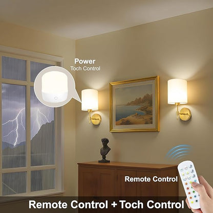 Battery Operated Wall Sconces Set of Two, Wireless Battery Wall Lamp with Remote Control, 12 Colors RGB Magnetic Bulb, Rechargeable Gold Wall Sconce for Bedroom Living Room Hallway