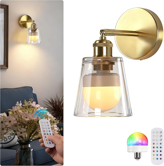 Vintage Battery Operated Wall Sconce with Transparent Minimalist Glass Lampshade Rechargeable Battery Powered Wall Light with Remote Control for Bedside Bedroom Bathroom, Set of 1