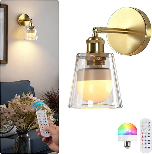 Vintage Battery Operated Wall Sconce with Transparent Minimalist Glass Lampshade Rechargeable Battery Powered Wall Light with Remote Control for Bedside Bedroom Bathroom, Set of 1