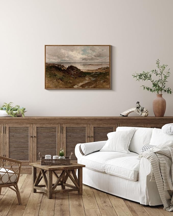 InSimSea Framed Canvas Wall Art Vintage Decor, Seaside Path Wilderness Landscape Paintings Artwork, Large Prints, Vintage Hanging Wall Decorations for Living Room Bedroom Bathroom, 20