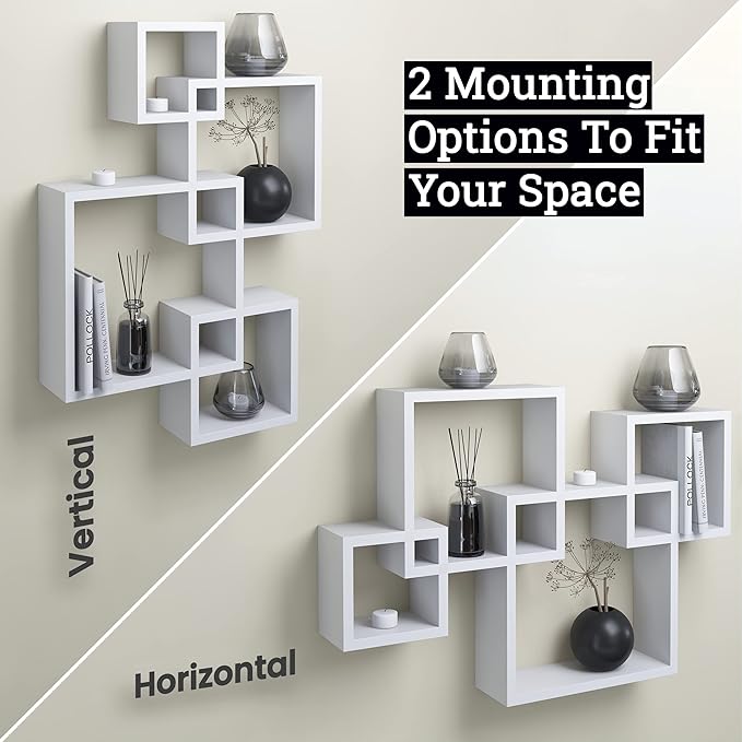 Greenco Gray Floating Cube Shelves - Intersecting Wall Mounted Shelves - Bedroom Decor for Men - Wall Decor Square Shelves for Bedrooms, Living Rooms & More - Set of 4 Box Shelves