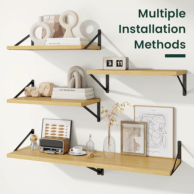 Floating Shelves, 12 Inch Deep Rustic Wood Wall Storage, 36W x 12D Wall Shelves Set of 2, Heavy Duty Metal Brackets, Large Industrial Book Shelf for Living Room, Kitchen, Bedroom, Oak