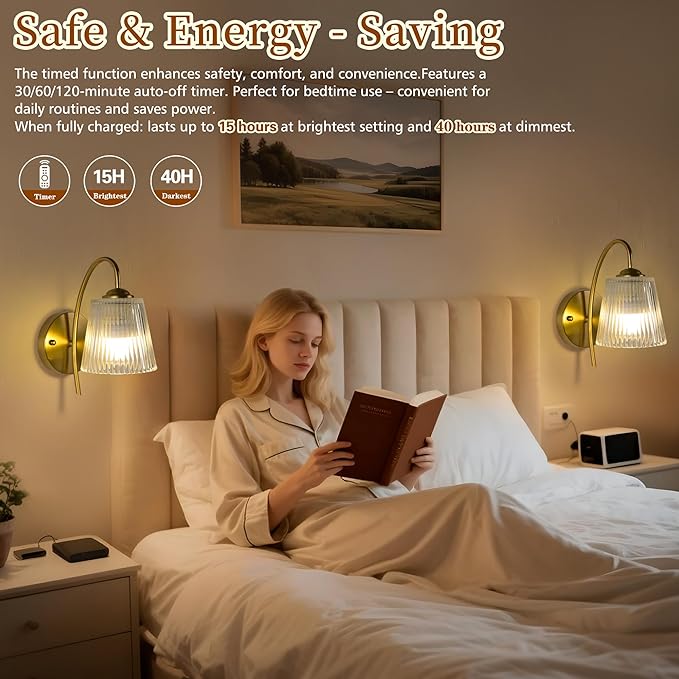 Vintage Battery Wall Sconce with Flower lampshade,Rechargeable Battery Powered Wall Lights,Wall lamp with 15 Colors for Bedroom Living Room Home Decor (Clear Stripe, 2 Light Battery Operated)