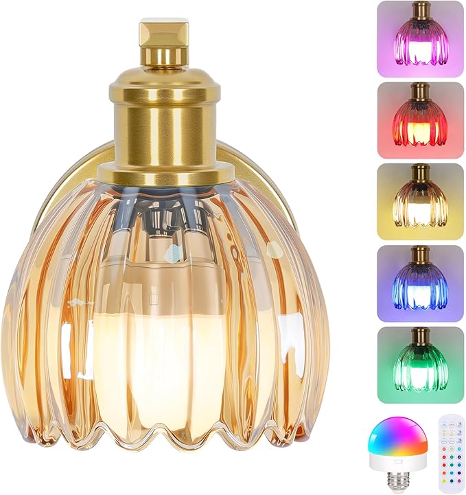VerRon Rechargeable Battery Operated Wall Sconce with Amber Glass Lampshade, Wireless Wall Scone Decor with Remote Control, 15 Colors Gold Wall Light for Bedside Hallway Bedroom Doorway