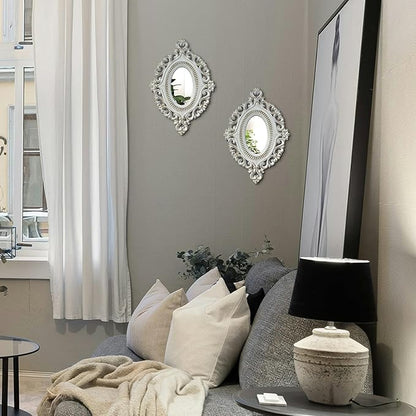 Cityelf 2 Set Oval Wood Carved Wall Mirror Baroque 3D Relief Rustic Home Decor Small Decorative Hanging Mirrors for Living Room, Bedroom Entrance Wall Sculpture
