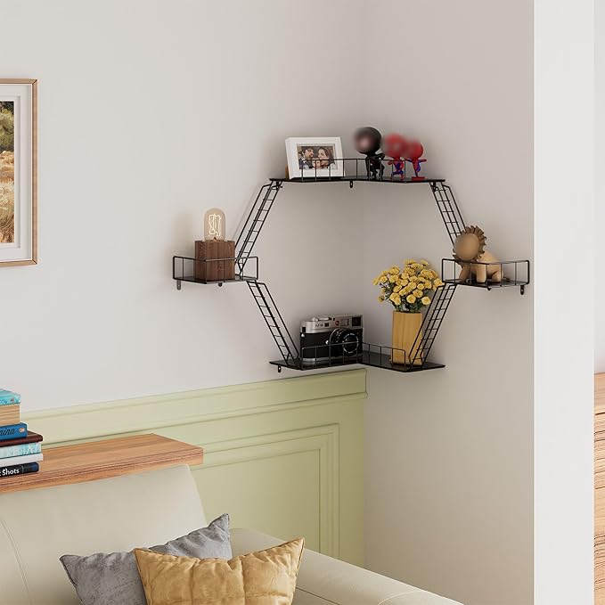Fire Escape Wall Shelf - New York Fire Escape Shelf, Knick Knack Shelf for Figures, 3-Tier Corner Floating Shelves, Metal Decorative Display Shelves, Black Wall Shelves for Bedroom&Home Decor