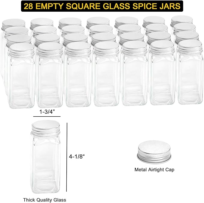 SpaceAid Spice Rack Organizer with 28 Spice Jars, 386 Spice Labels, Chalk Marker and Funnel Set for Cabinet, Countertop, Pantry, Cupboard or Door & Wall Mount - 28 Jars, 13.4