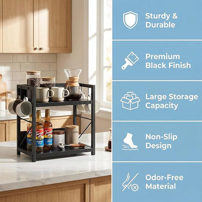 2 Tier Kitchen Counter Shelf Organizer, Coffee Bar Station Organizer, Space Saving Spice Rack, Countertop Shelf for Home Countertop Kitchen Office (Black)