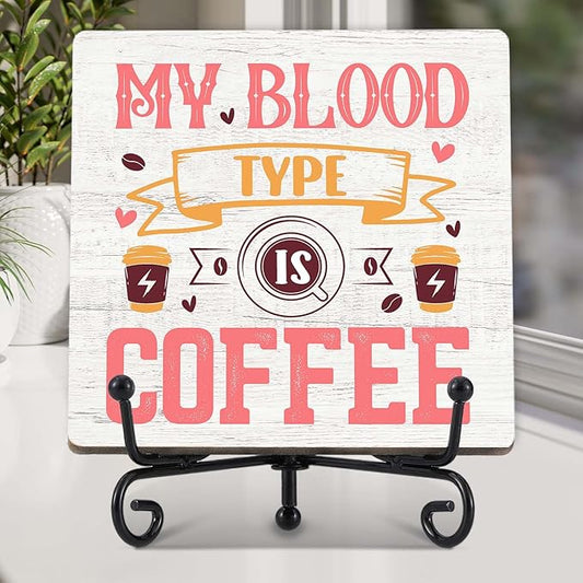 Coffee Bar Decor, Farmhouse Kitchen Table Decor, Coffee Station Accessories, Wooden Decorative Sign with Iron Stand for Table Desk Shelf Display-E22