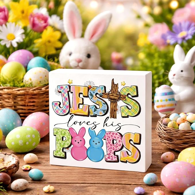Christian Easter Decor Jesus Loves His Peeps Wooden Sign, Religious Cross Bunny Easter Decorations for Home, Farmhouse Front Door Wall Hanging Decor, Easters Gift for Women Men