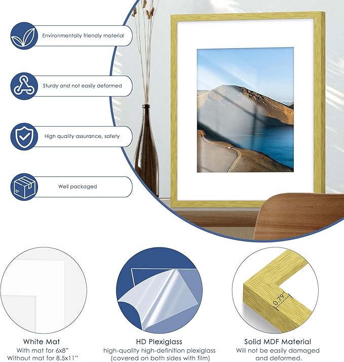 PEALSN 12x16 Picture Frame Set of 6, Display Pictures 8.5x11 with Mat or 12 x 16 without Mat for Wall Mounting Display, Photo Frames Collage for Wall Decor, Gold