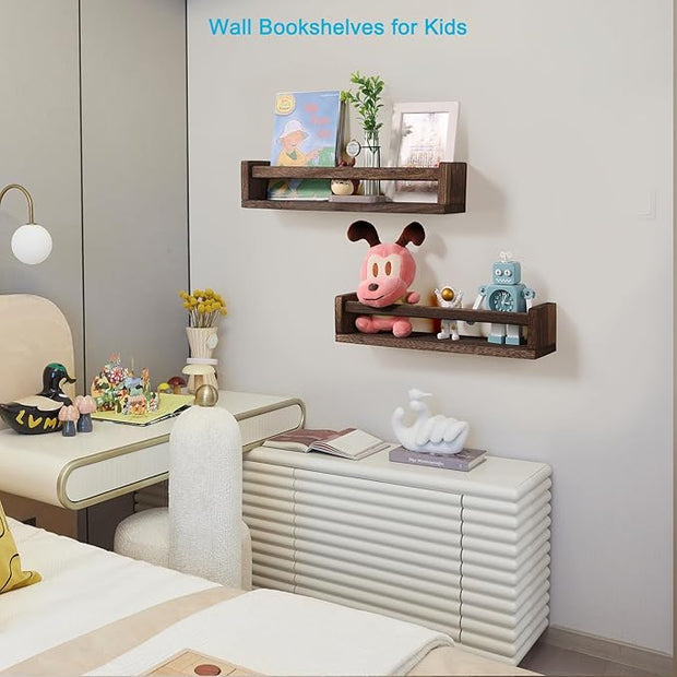 Nursery Book Shelves, Set of 2 Wood Floating Book Shelves for Kids Room, Kitchen Spice Rack, or Rustic Wall Mounted Shelves for Farmhouse Bathroom Décor (Carbon Brown)