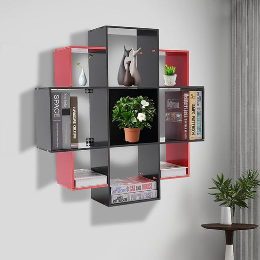 3-Tiers Wall Mounted Geometric Bookshelf, Morden Irregular Nine-Grid Bookshelf, 90cm Tall Decorative Display Shelf (Red+Black)