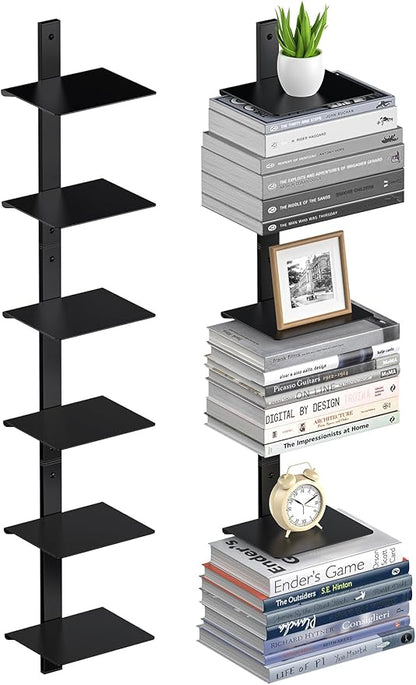 Floating Book Shelves for Wall, 6 Tier Invisible Floating Bookshelf, Vertical Spine Book Tower, Wall Mounted & Space Saving, Heavy Duty Metal Book Organizer for Home Office, 3 Pack Black