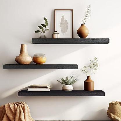Floating Shelves 16 in, Set of 3 Solid Rustic Wood Wall Mounted Shelves, Wall Picture Ledge Shelf with Invisible Metal Brackets for Living Room, Bedroom, Bathroom, Black