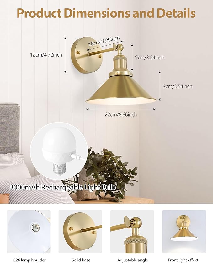Gold Vintage Wireless Battery Operated Wall Sconces, Rechargeable Cordless Battery Powered Led Wall Lights Set of 2, Wall Lamp Fixture Indoor with Remote Control for Bedroom Farmhouse Gallery