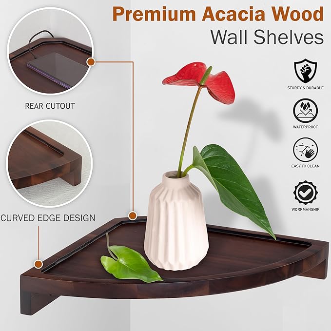 Demigo Floating Round Corner Shelves for Wall 2pcs, Acacia Wood Wall-Mounted Storage Shelves for Home Decor, Space Saving Displays for Living Room, Kitchen, Office, and Bedroom (Dark Brown)