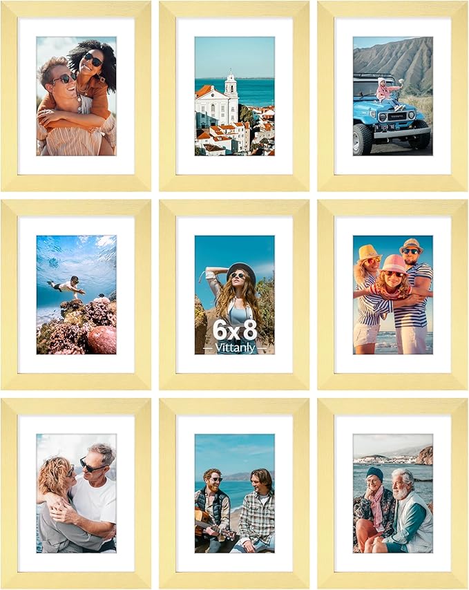 Vittanly 6x8 Picture Frames Set of 9, Shatter Resistant Plexiglass, Display 4x6 Pictures with Mat or 6x8 without Mat, Photo Frames for Wall or Tabletop, Engineered Wood, Gold