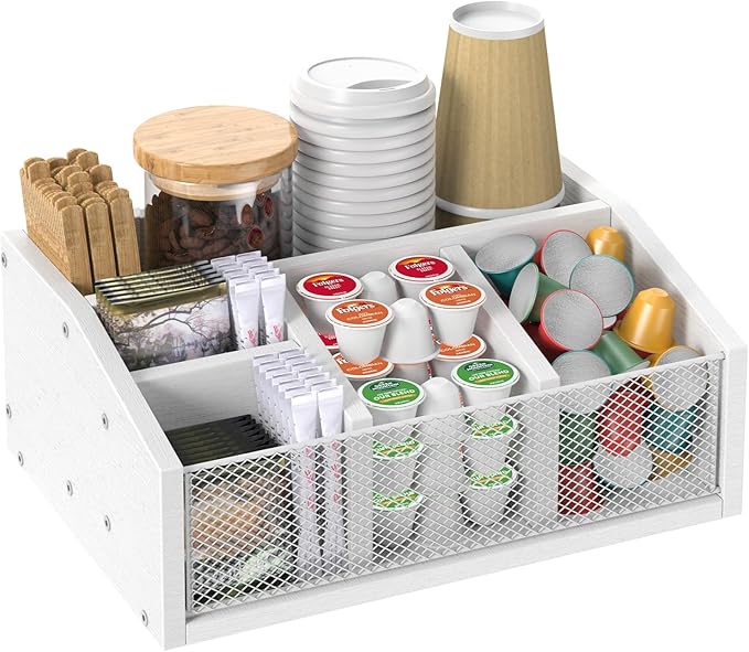 Coffee Station Organizer, Tea Condiment Organizer, Wood Pods Holder Storage Basket, White Coffee Bar Accessories