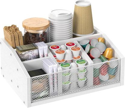 Coffee Station Organizer, Tea Condiment Organizer, Wood Pods Holder Storage Basket, White Coffee Bar Accessories