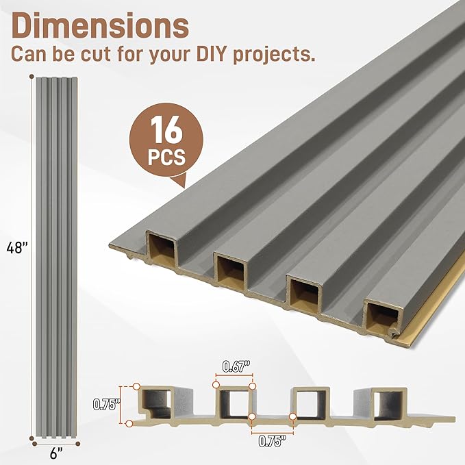 16 Packs 3D Wall Panels, 48 x 6 Inch WPC Slat Wall Panels for Wall Decor, Fluted Accent Wall Paneling for Living Room Bedroom TV Background Study Room Office, Grey Oak