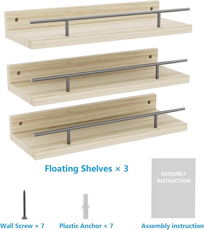 Floating Shelves with Metal Guardrail, Wall Decor Shelves for Bathroom, Living Room and Bedroom, (Black-Natural) Shelves for Home Decor