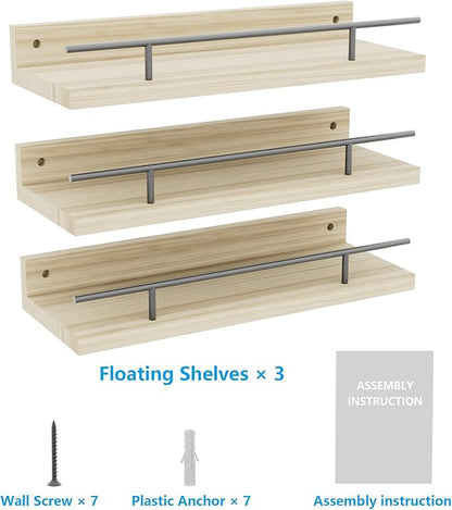 Floating Shelves with Metal Guardrail, Wall Decor Shelves for Bathroom, Living Room and Bedroom, (Black-Natural) Shelves for Home Decor