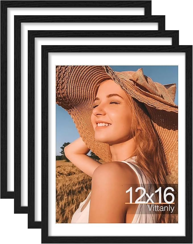 Vittanly 12x16 Picture Frames Set of 4, Display Pictures 11x14 with Mat or 12x16 without Mat, Gallery Wall Frame Set for Wall Mounting, Engineered Wood with Shatter Resistant Plexiglass, Black