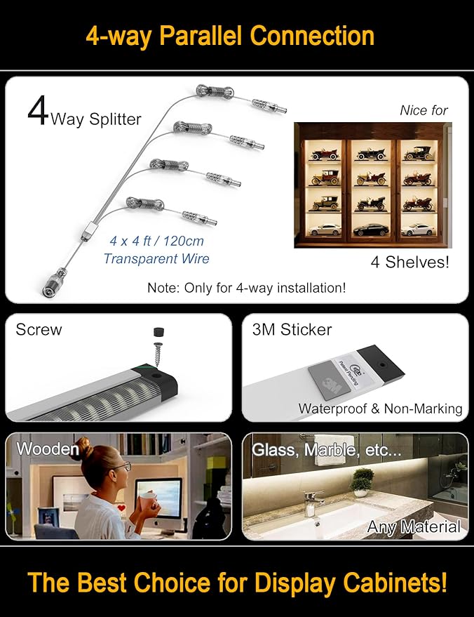 EBD LED Under Shelf Lights, 4-Way Splitter Light Bar, 12-Panel Cabinet Lighting, 4500K 5400Lm Counter Lights with Slack-Free Wiring, Maximized for Spacious 4-Layer Showcase, Bookcase & Storage Rack
