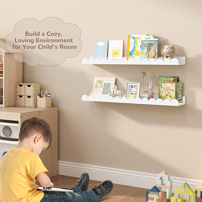 Fun Memories 28 Inch Scalloped Floating Shelf, White Picture Ledge for Wall, Set of 2, Nursery Book Shelves for Baby Room, Kids Rooms, Bedroom