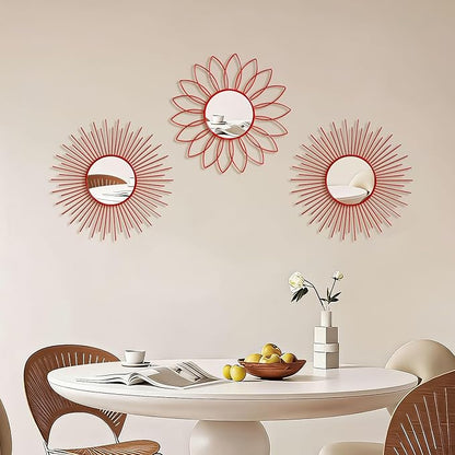 3 Pack Metal Mirrors for Wall Sunburst Wall Mirrors Home Décor Decorative Hanging Wall Art for Living Room Bedroom Entryway (Red, Flower+Sunburst)