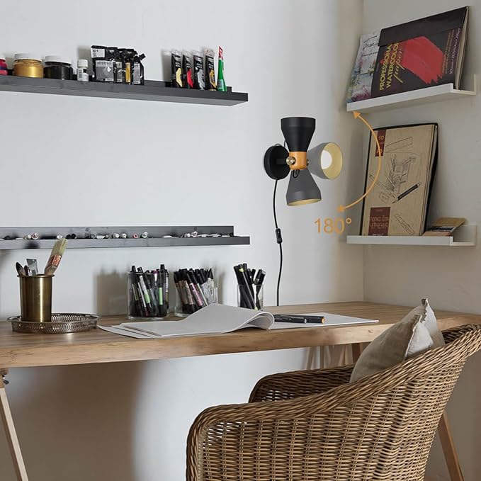 Modern Plug-in Wall Sconces - Adjustable Reading Light with Real Wood Accent, Matte Black Wall Lamp for Bedroom, Living Room, Apartment, Home Office