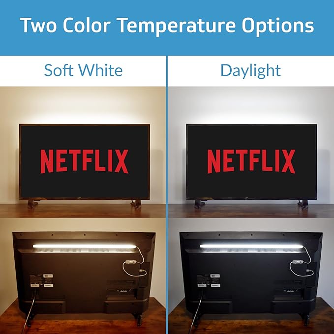 TrueColor USB-Powered LED Light Bar with Frosted Cover for Under Cabinet, Under Monitor, TV Backlight – Easy-Install - Adhesive & Mounting Brackets Included - 100,000 Hours Lifetime (8", Daylight)
