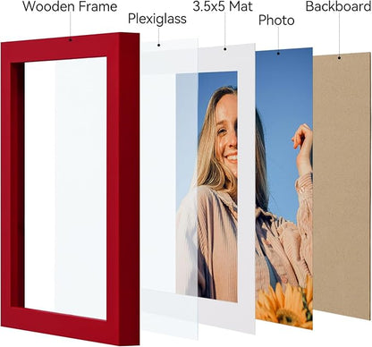 Vittanly 4x6 Picture Frame Set of 4, Display Pictures 3.5x5 with Mat or 4x6 without Mat, Small Photo Frames for Wall or Tabletop Display, Engineered Wood with Shatter Resistant Plexiglass, Red