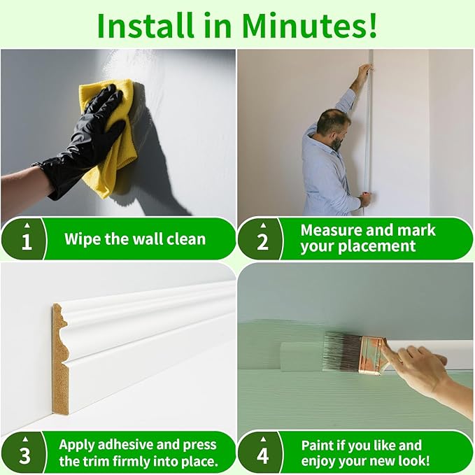 Art3d 8 Pack, 8 ft Each (64 ft Total) MDF Baseboard Wall Molding Trim, Skirting Board Panels, 4.17 in. High, Paintable, Warp-Resistant, Easy Installation for Living Room, Bedroom and Office (White)