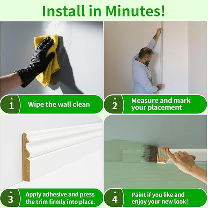 Art3d 8 Pack, 8 ft Each (64 ft Total) MDF Baseboard Wall Molding Trim, Skirting Board Panels, 4.17 in. High, Paintable, Warp-Resistant, Easy Installation for Living Room, Bedroom and Office (White)
