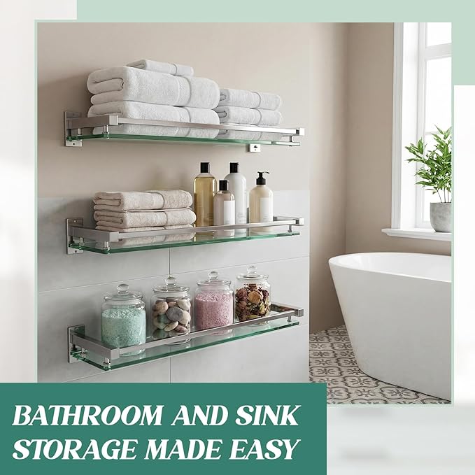 3 Pack 20 Inch Glass Bathroom Shelves for Wall, Wall Mount Glass Shelves with Stainless Steel Rail, Modern Floating Bathroom Shelf Organizer, Rectangular Room Decor for Sink, Over Toilet