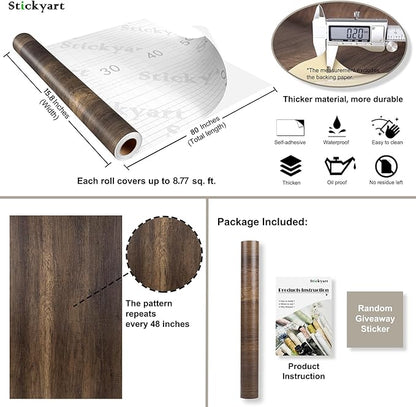 Stickyart Walnut Wood Grain Contact Paper for Cabinets and Drawers - Peel and Stick Wallpaper, Textured Wood Wallpaper, Removable Self Adhesive Wall Paper for Countertops - 15.8"x80"