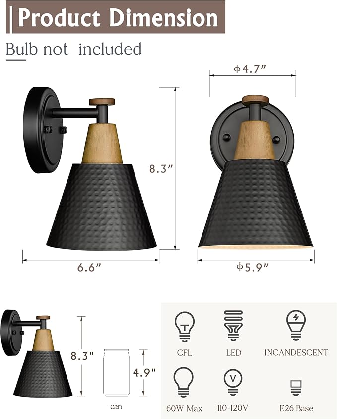 FEMILA Black Wall Sconces, Rustic Industrial Wall Lamps, 1-Light Sconces Wall Lighting with Hammered Metal Shade, Bathroom Vanity Light Fixture for Bedroom Living Room Kitchen,4FG59B BK